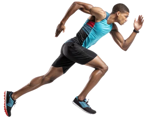 Atleta masculino de pista em movimento durante um poderoso início de sprint isolado em um fundo transparente