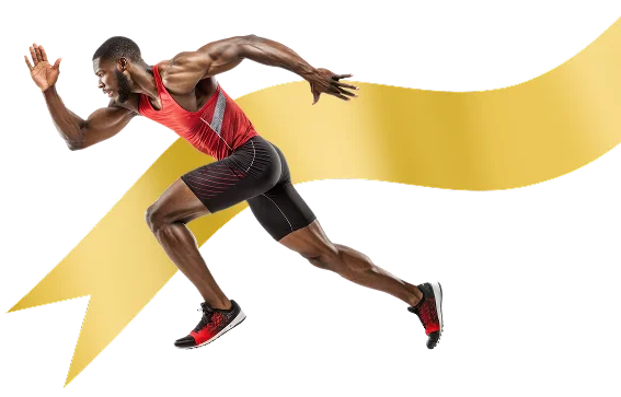 Atleta de sprint correndo em plena velocidade com uma seta dourada dinâmica simbolizando crescimento, progresso e desempenho competitivo